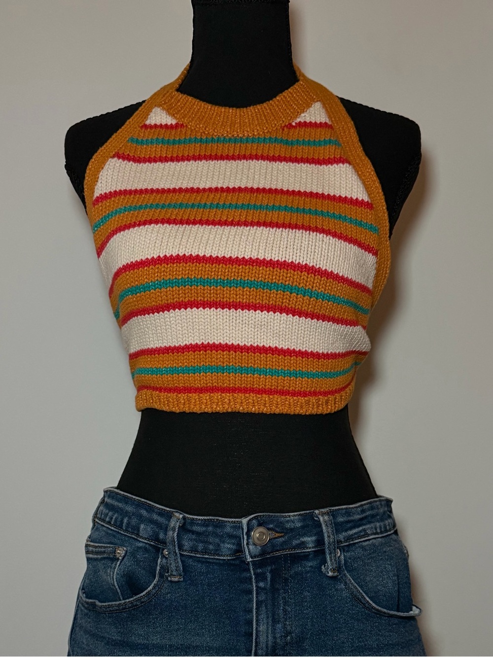 Zara Mustard, Cream and Teal Striped Halter Crop Top